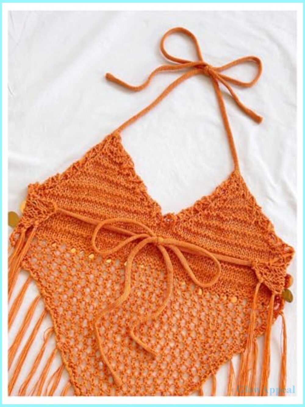 Sequin Hollow Out Crochet Crop Halter Top Boho Tie Backless Asymmetrical Fringe - Picture 4 of 5